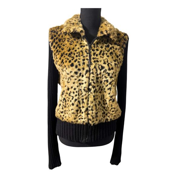Vintage Y2K Brown & Black Leopard Print Size L Indie Glam Punk Faux Fur Jacket - Picture 1 of 7